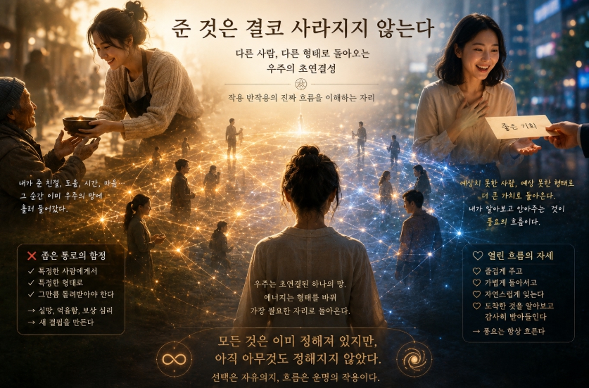 베풀고 못 받는 이유 — 우주의 에너지 망이 다른 사람을 통해 풍요를 가져오는 이미지