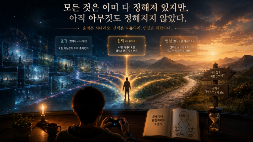 운명과 자유의지 — 시뮬레이션 게임에서 플레이어가 운명체를 선택하는 이미지
